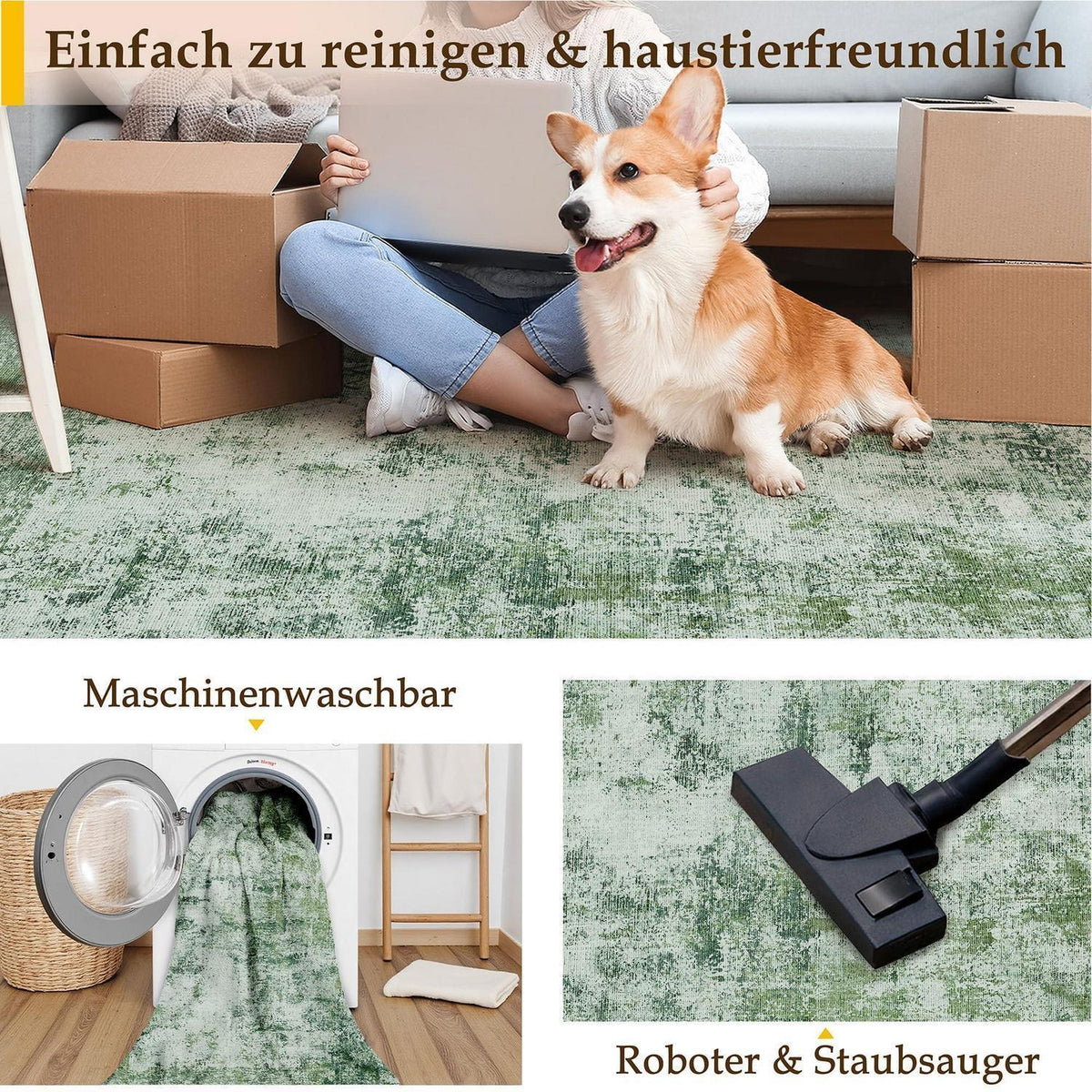 Grüner Teppich 240x300cm – Waschbar, Modern & Rutschfest