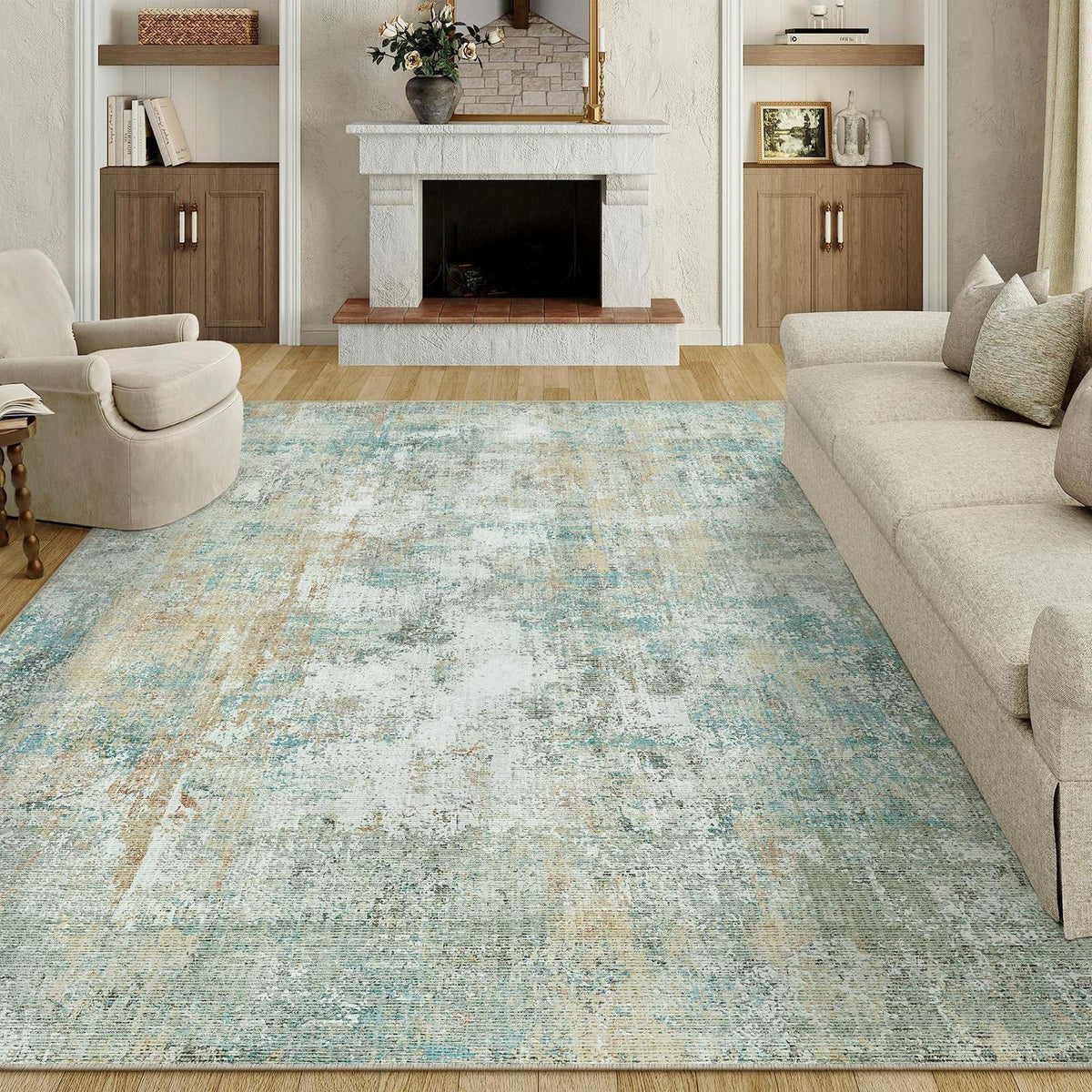 Blauer Gelber Teppich 240x300cm – Waschbar & Rutschfest
