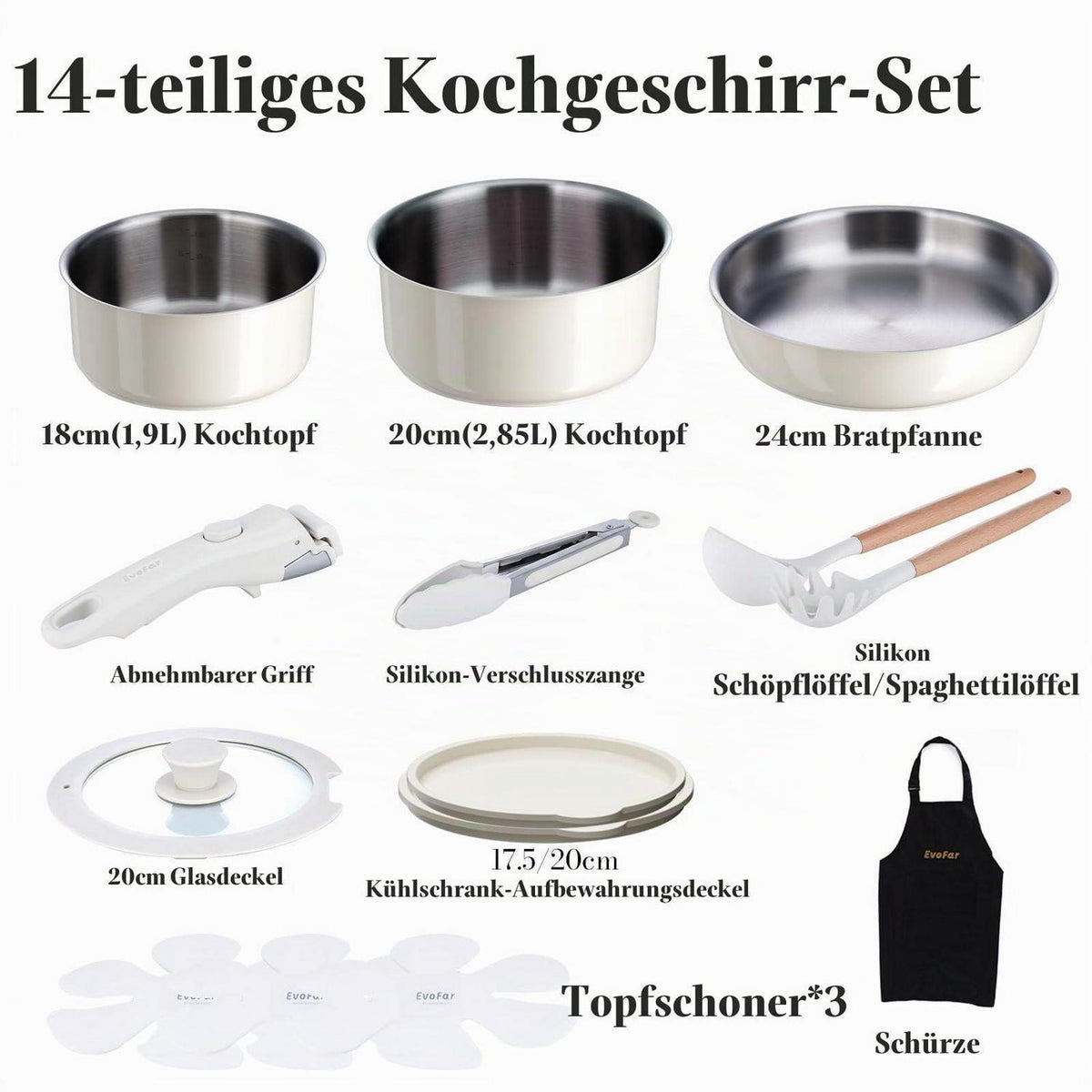 Edelstahl Topfset 14-teilig ohne Beschichtung, abnehmbarer Griff
