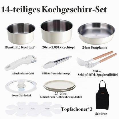 Edelstahl Topfset 14-teilig ohne Beschichtung, abnehmbarer Griff
