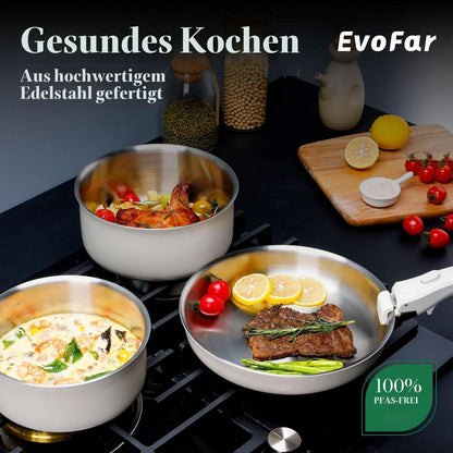 Edelstahl Topfset 14-teilig ohne Beschichtung, abnehmbarer Griff
