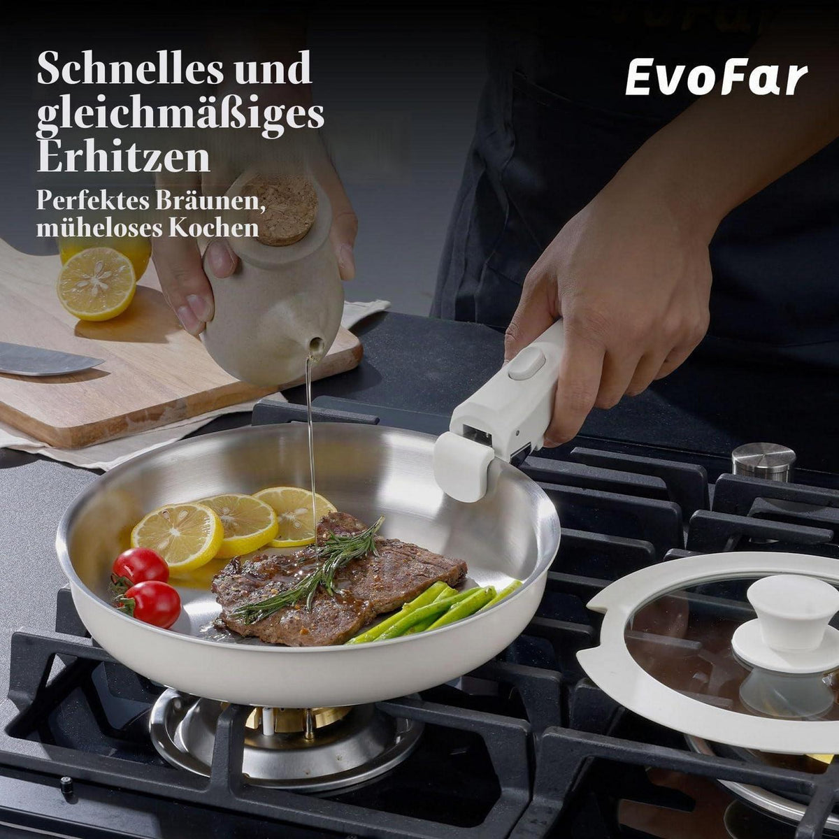 Edelstahl Topfset 14-teilig ohne Beschichtung, abnehmbarer Griff