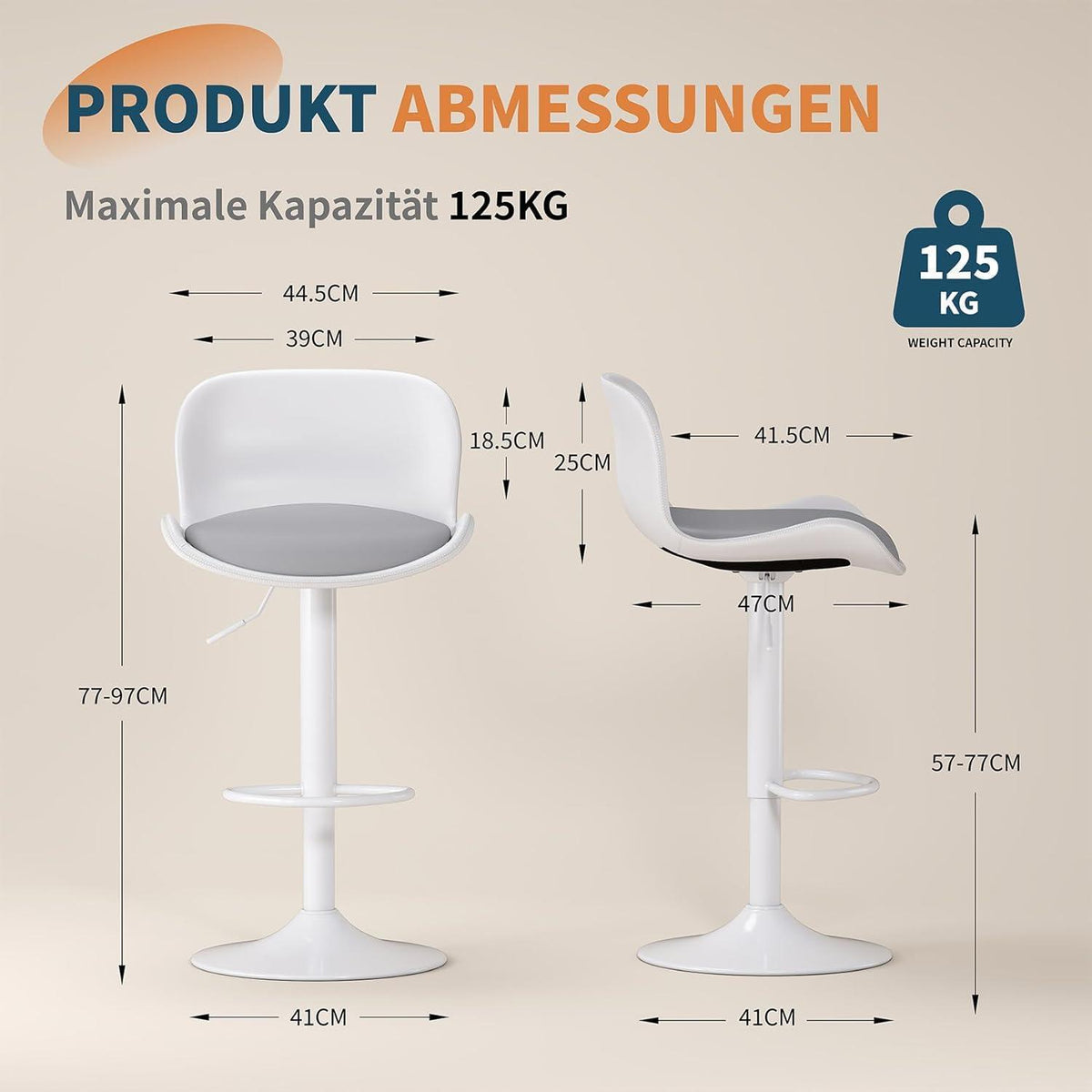 Höhenverstellbarer Barhocker 2er Set Weiß/Grau