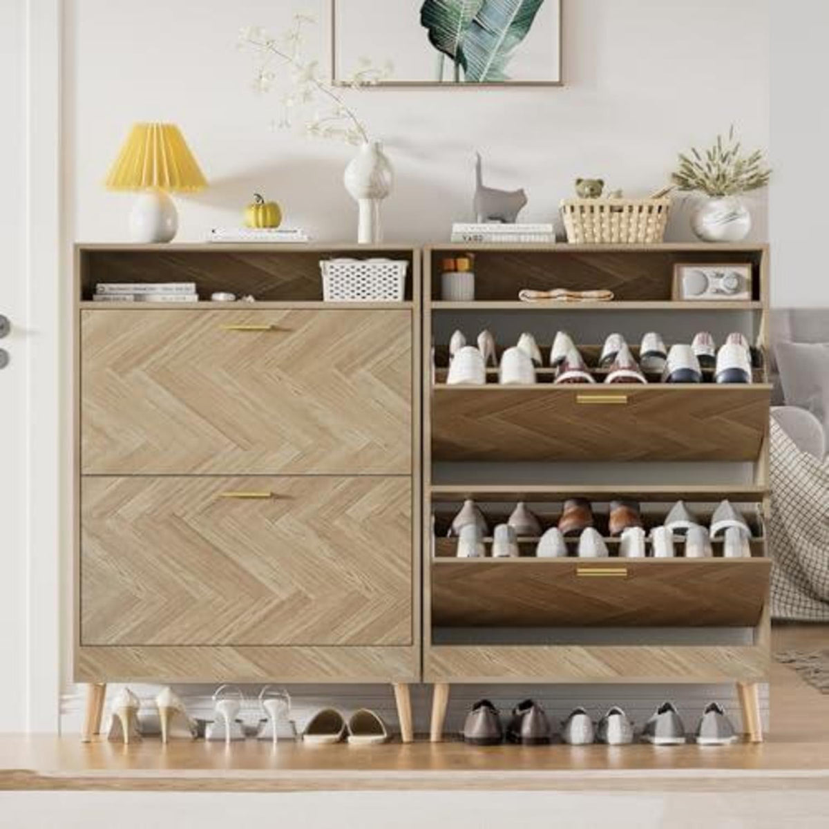 Schuhschrank Holz 2 Klappen | Schuhregal für 8-16 Paar Schuhe