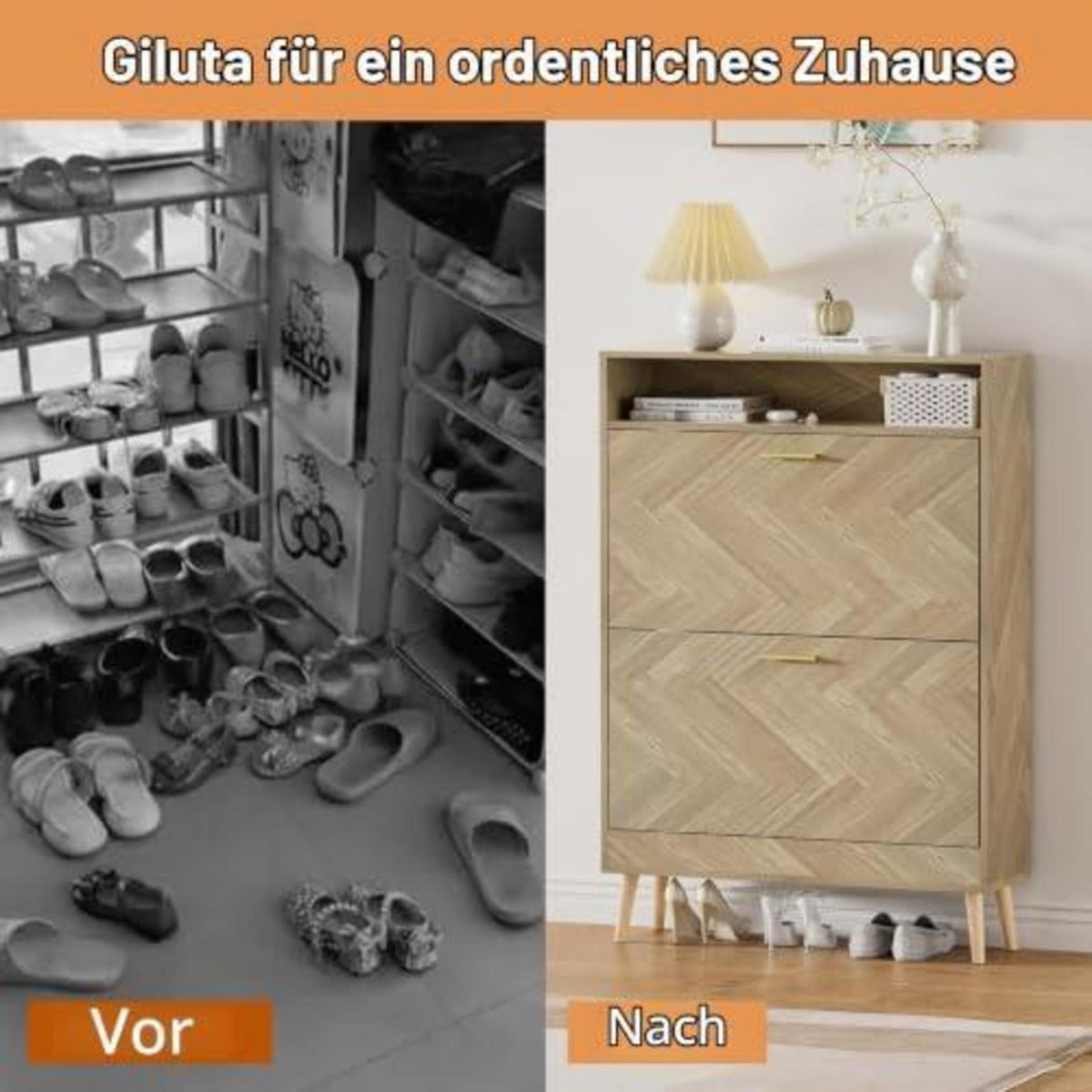 Schuhschrank Holz 2 Klappen | Schuhregal für 8-16 Paar Schuhe