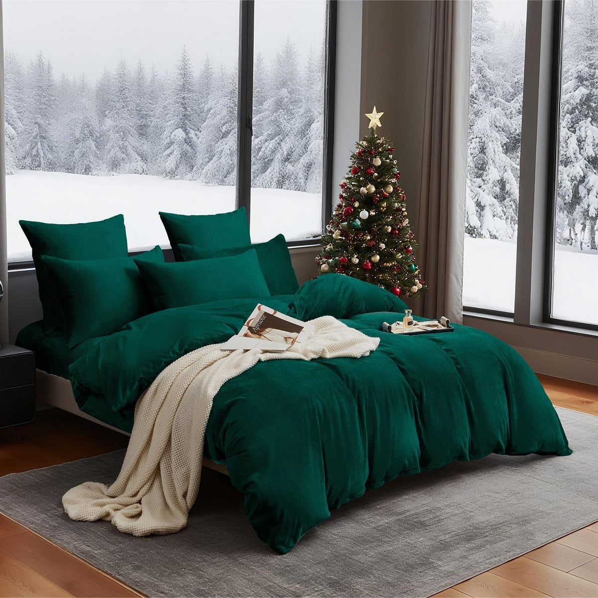 Flauschige Winterbettwäsche Dunkelgrün 220x240 cm, 3-teilig