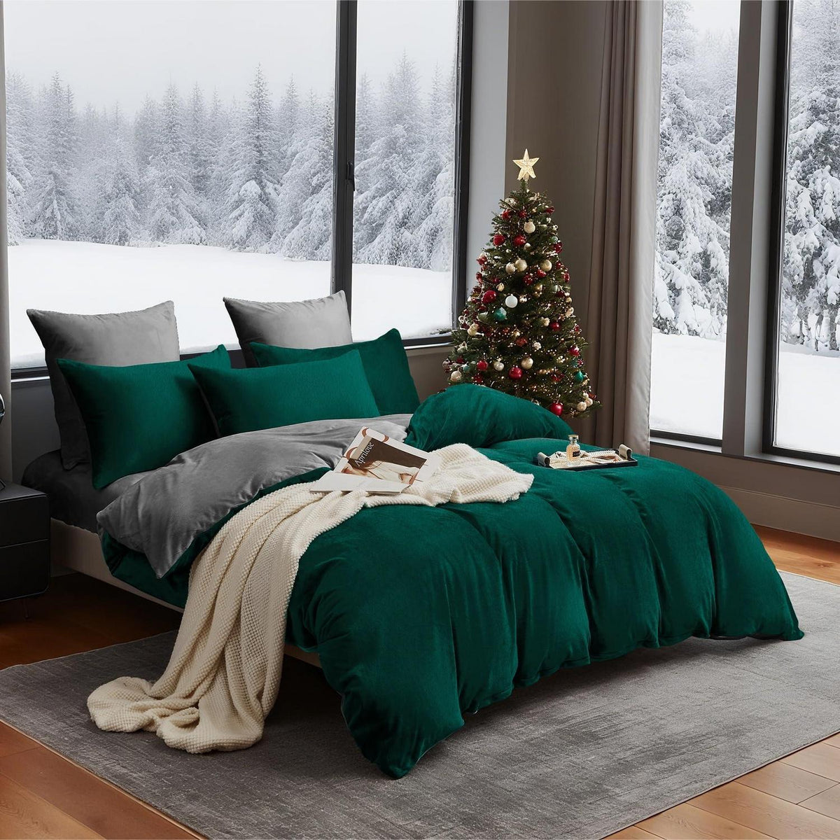 Flauschige Winterbettwäsche 135x200, Dunkelgrün Grau, 4-teilig