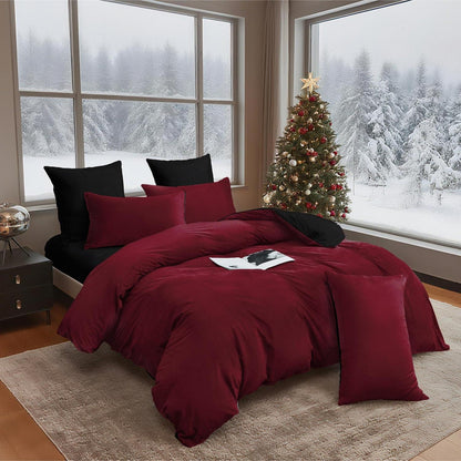 Flauschige Winterbettwäsche 135x200 cm, 4-teilig, Weinrot/Schwarz