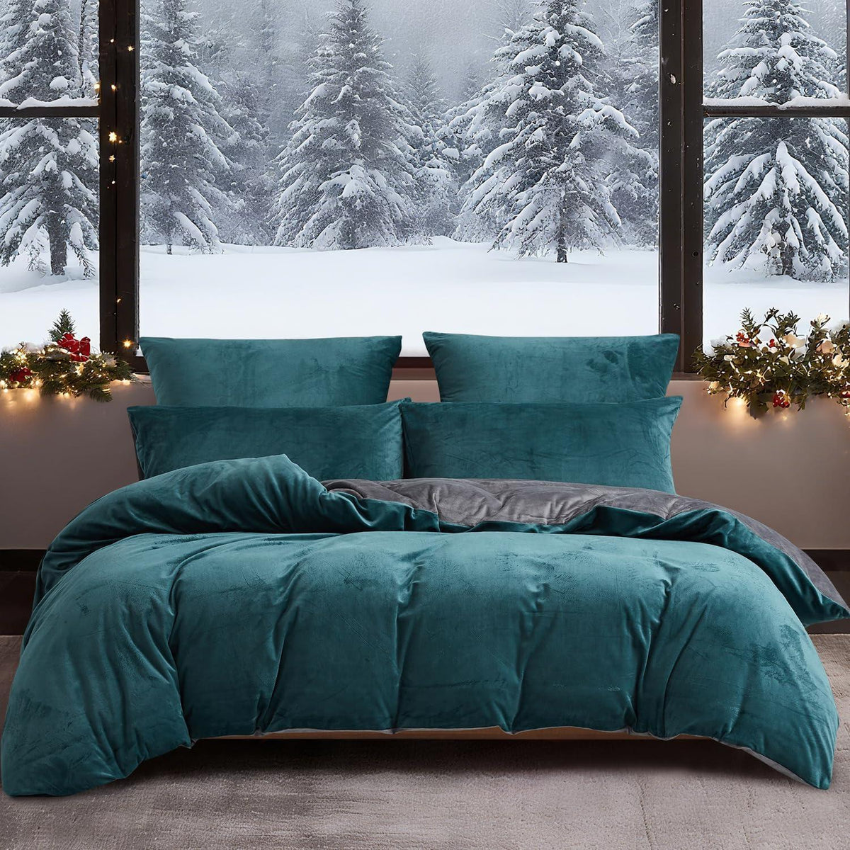 Winter Bettwäsche 135x200, 4-teilig, Petrol Grau, Flauschig Warm