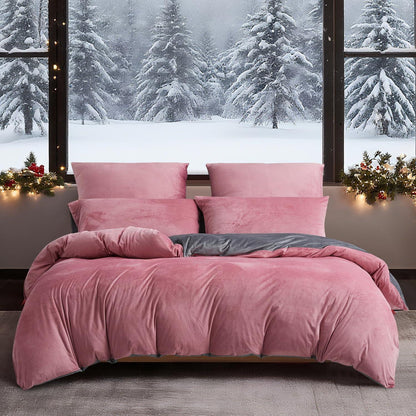 Winter Bettwäsche 220x240 Rosa Grau – Warm & Kuschelig 3-teilig