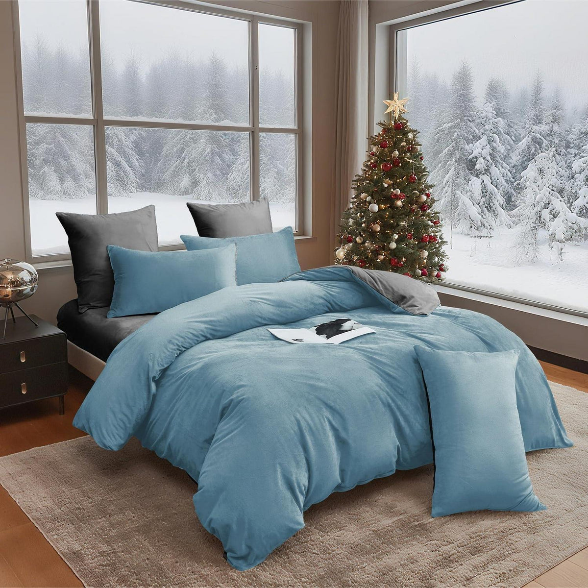 Flauschige Winterbettwäsche 220x240 - Hellblau Grau 3-teilig
