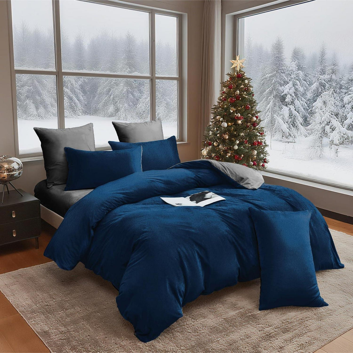 Winter Bettwäsche 135x200 - Dunkelblau Grau, 4-teilig & Flauschig