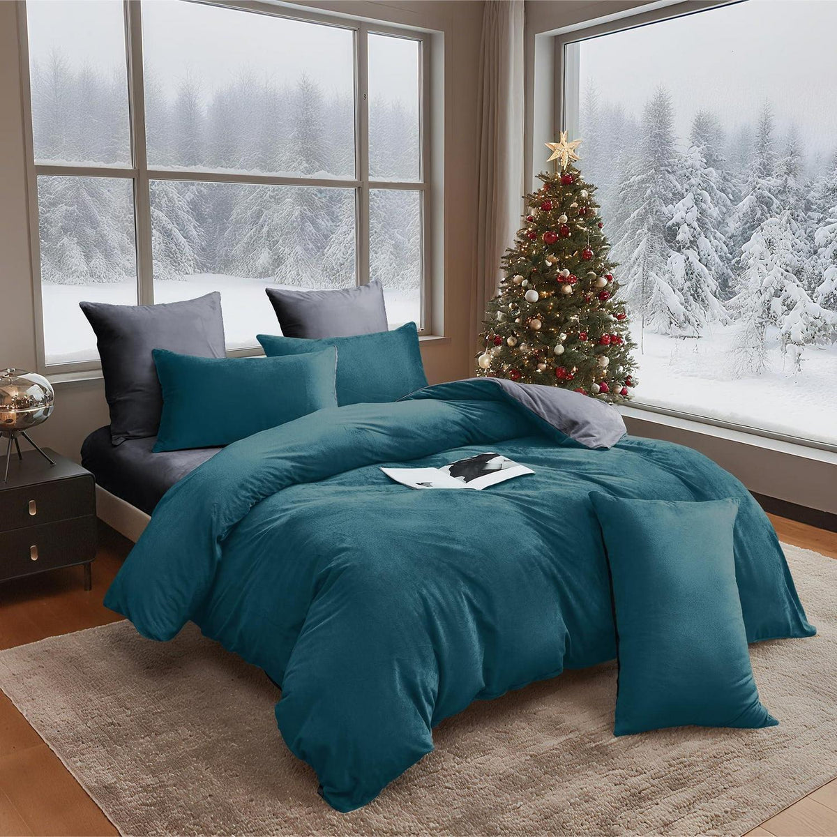 Flauschige Winterbettwäsche 220x240 Petrol Grau 3-teilig