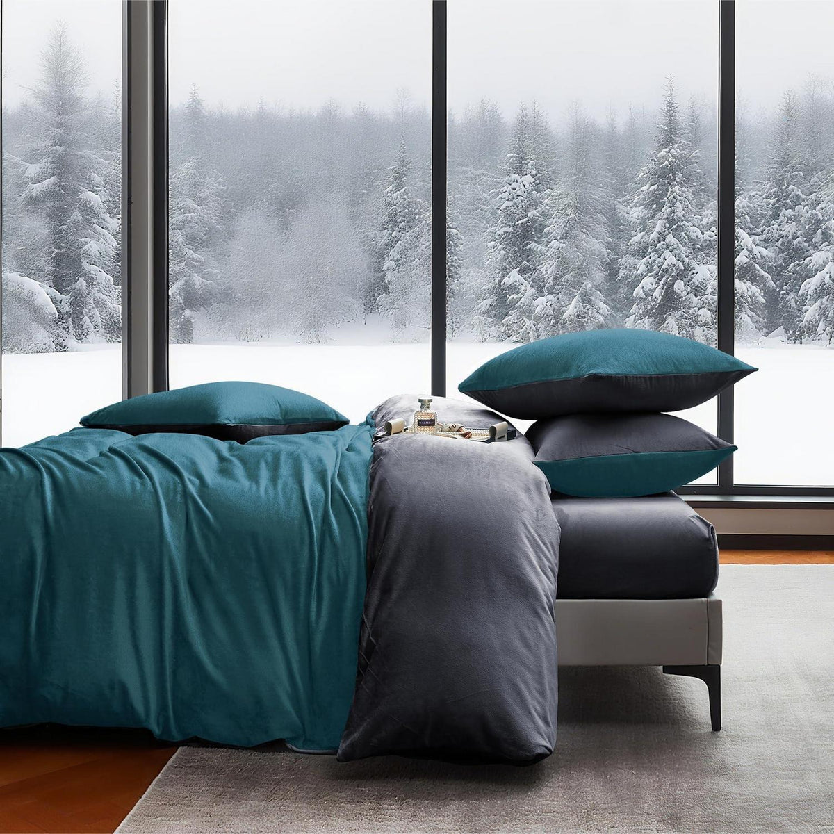 Flauschige Winterbettwäsche 220x240 Petrol Grau 3-teilig