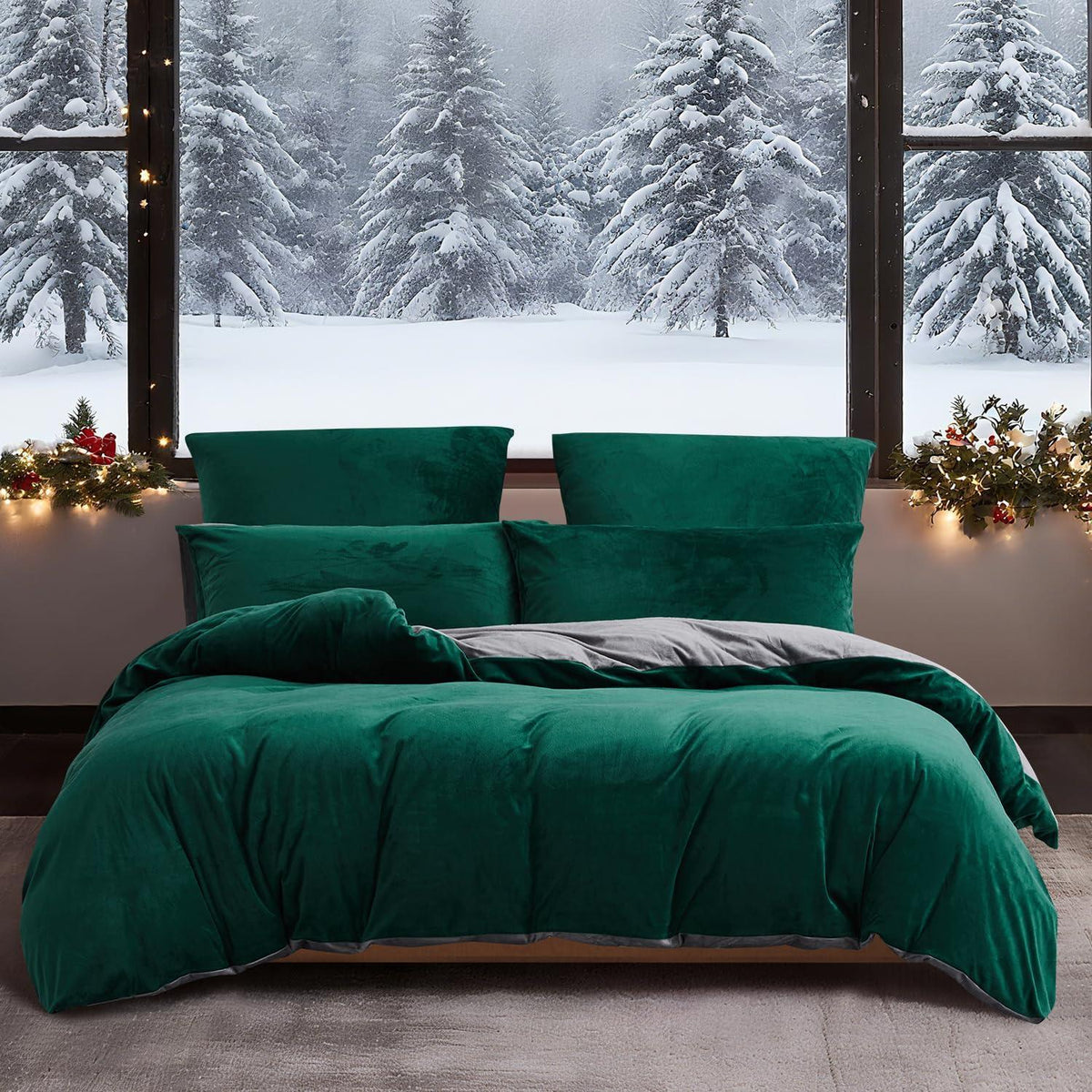 Flauschige Winterbettwäsche 220x240 Dunkelgrün Grau 3-teilig