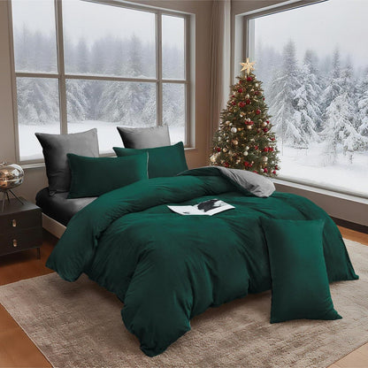 Flauschige Winterbettwäsche 220x240 Dunkelgrün Grau 3-teilig