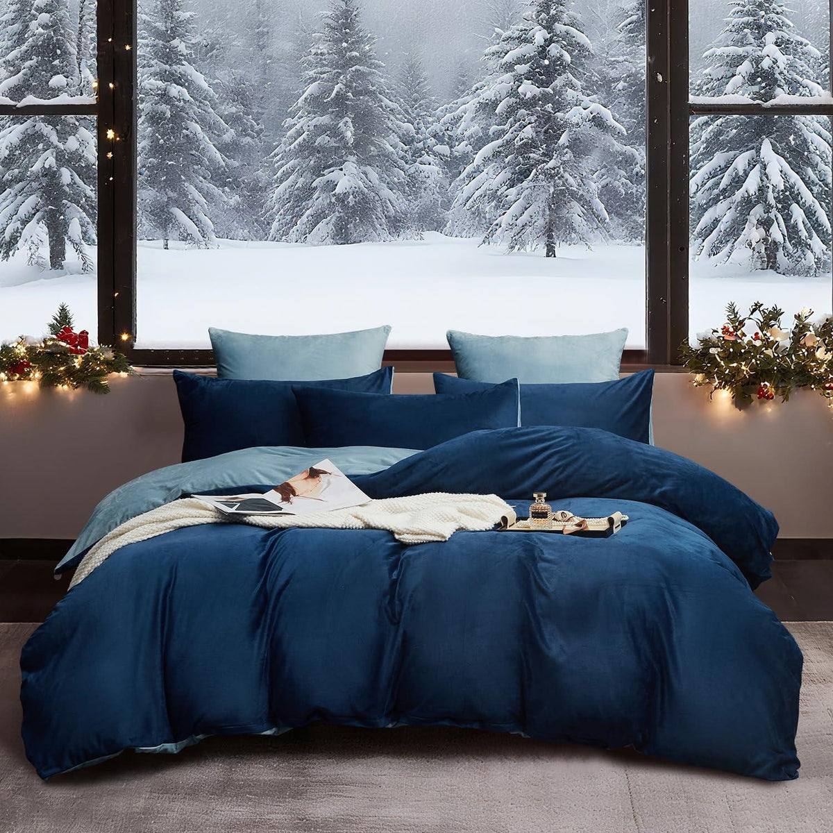 Flauschige Winterbettwäsche 220x240 Dunkelblau Hellblau 3-teilig