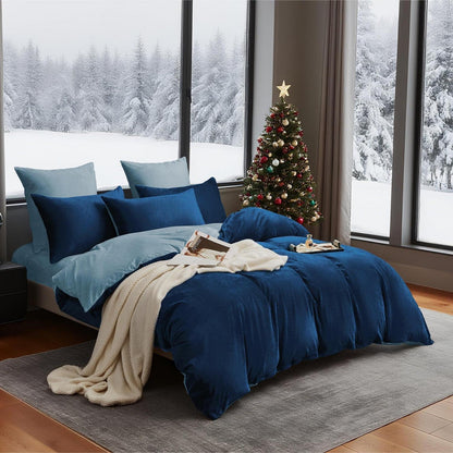 Flauschige Winterbettwäsche 220x240 Dunkelblau Hellblau 3-teilig