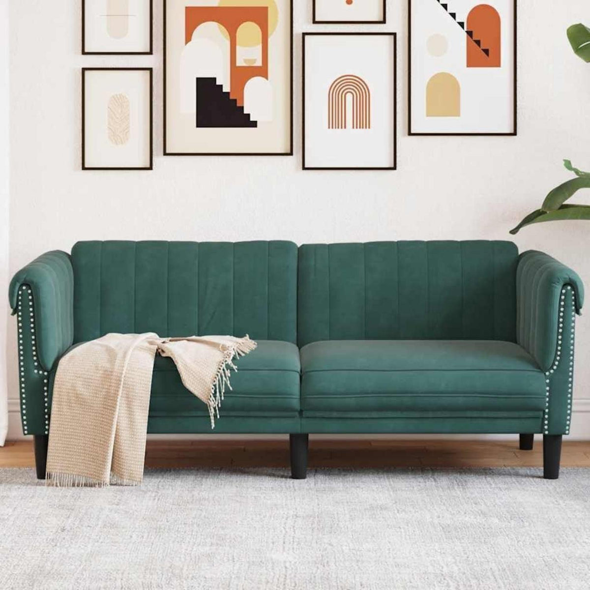 2-Sitzer Sofa Dunkelgrün Samt | Moderner Akzentstuhl mit Kissen