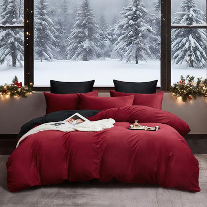 Flauschige Winterbettwäsche 220x240 cm - Weinrot & Schwarz