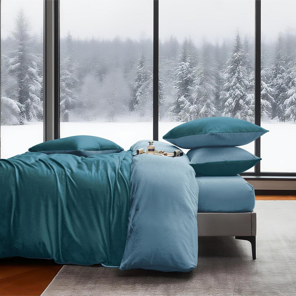 Flauschige Winterbettwäsche 220x240 cm, Petrol/Hellblau, 3-teilig