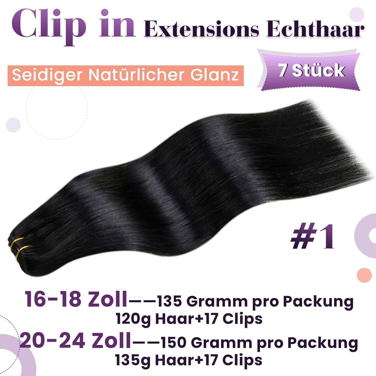 Echthaar Clip-Ins Schwarz 65cm – Volumenset