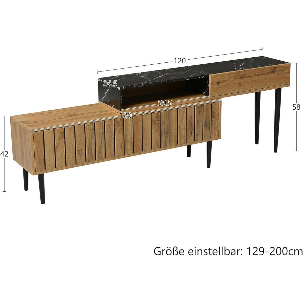 Platzsparendes TV-Board mit Längenverstellung & Marmor-Holz Design