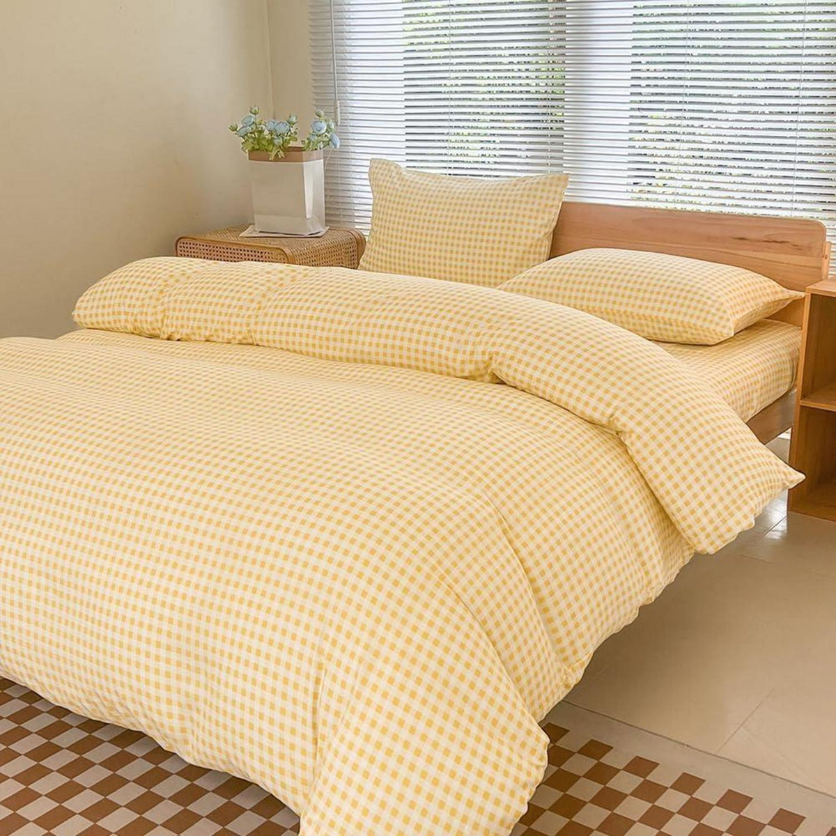 Gelbes Kariertes Bettwäsche-Set 155x220cm mit Kissenbezügen