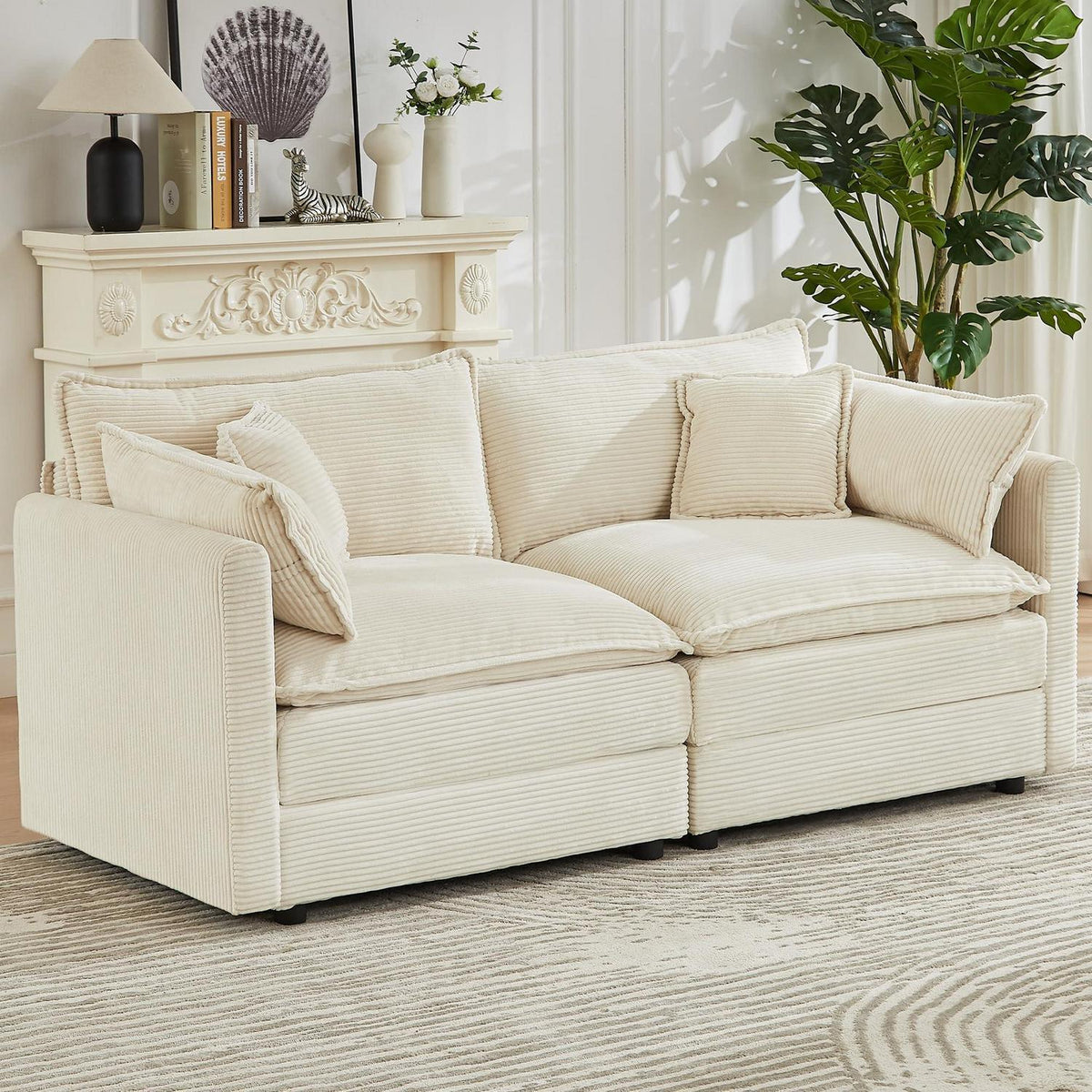 JIEXI Ecksofa mit Schlaffunktion – Beige Cord, Modern & Modular