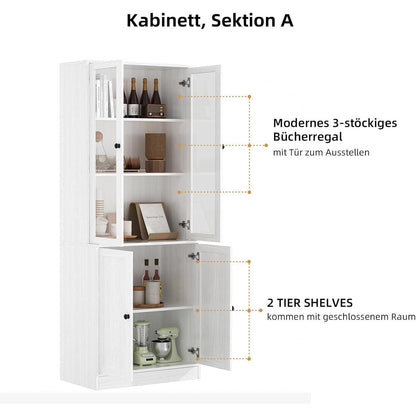 5-stöckiges Bücherregal mit Glastüren – Weißes Vitrinenschrank-System