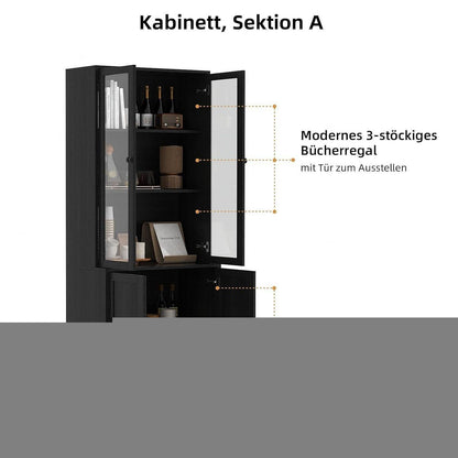 5-stöckiges Bücherregal mit Glastüren – 180cm Vitrine Schwarz