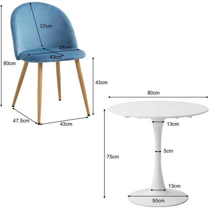 Runder Esstisch Set mit 4 Samtstühlen – Blau & Weiß