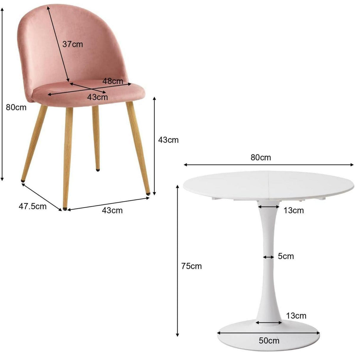 Runder Esstisch Set mit 4 Samtstühlen Rosa & Weiß 80x80cm