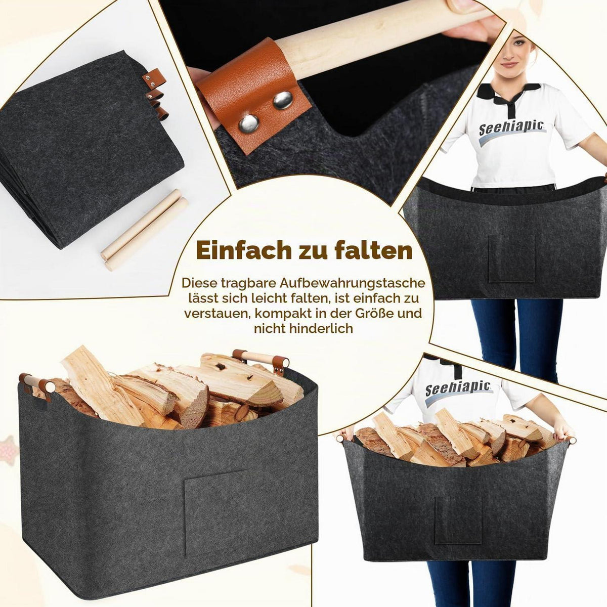 Holzkorb XXL 100L – Kaminholzkorb mit Griffen & Tasche