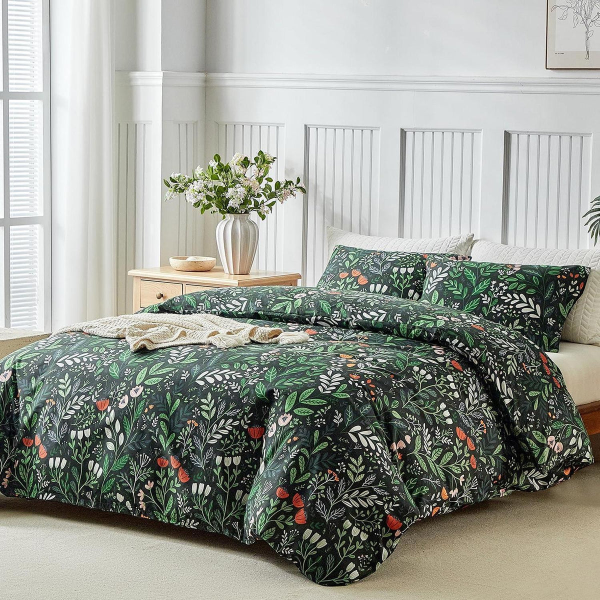 Vintage Blumen Bettwäsche Set Schwarz Grün 200x200 cm