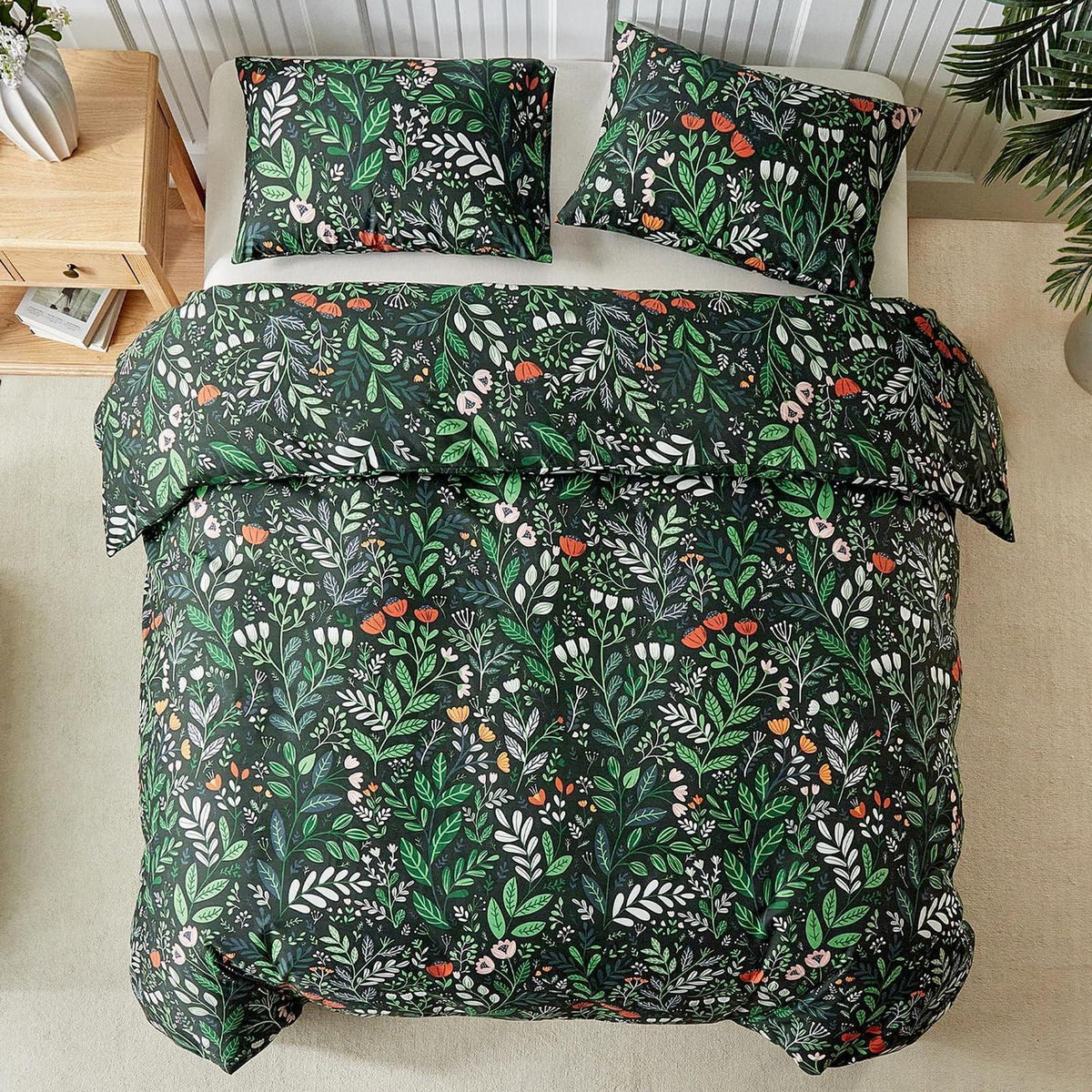 Vintage Blumen Bettwäsche Set Schwarz Grün 200x200 cm