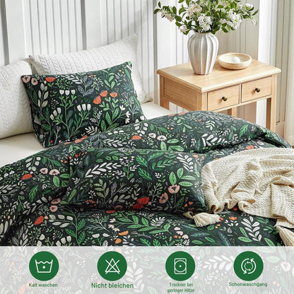Vintage Blumen Bettwäsche Set Schwarz Grün 200x200 cm