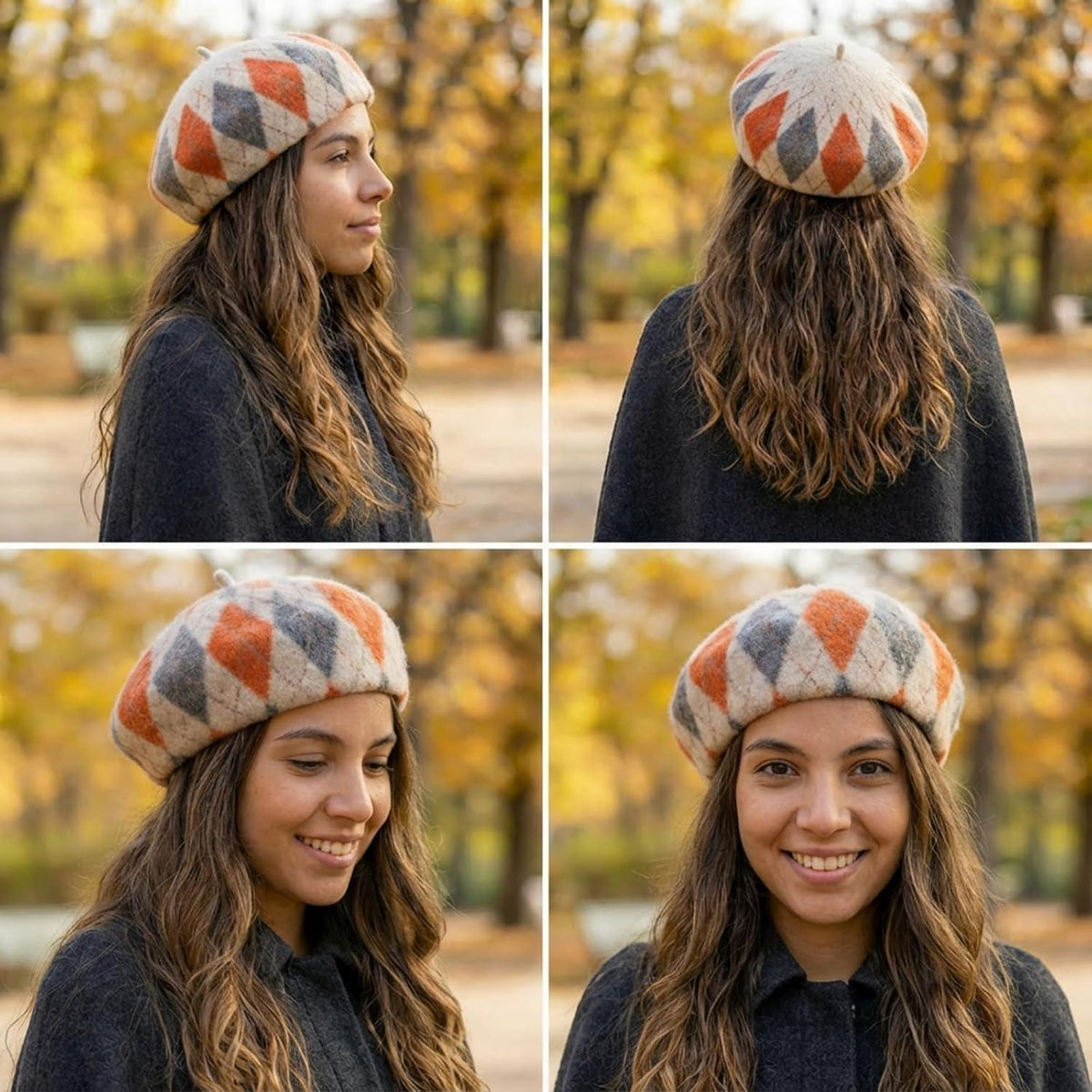 Karierte Damen Baskenmütze aus Wolle – Winter Beanie Mütze Orange