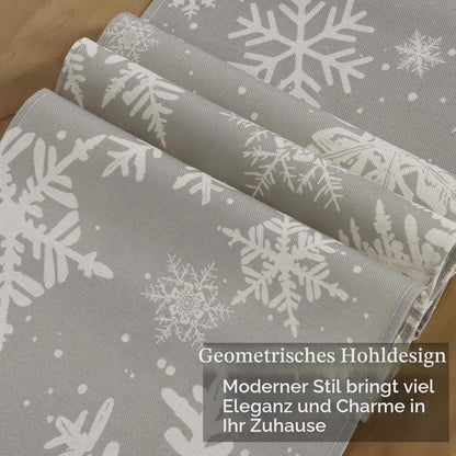 Weihnachtstischläufer grau mit Schneeflocken – 228 cm lang