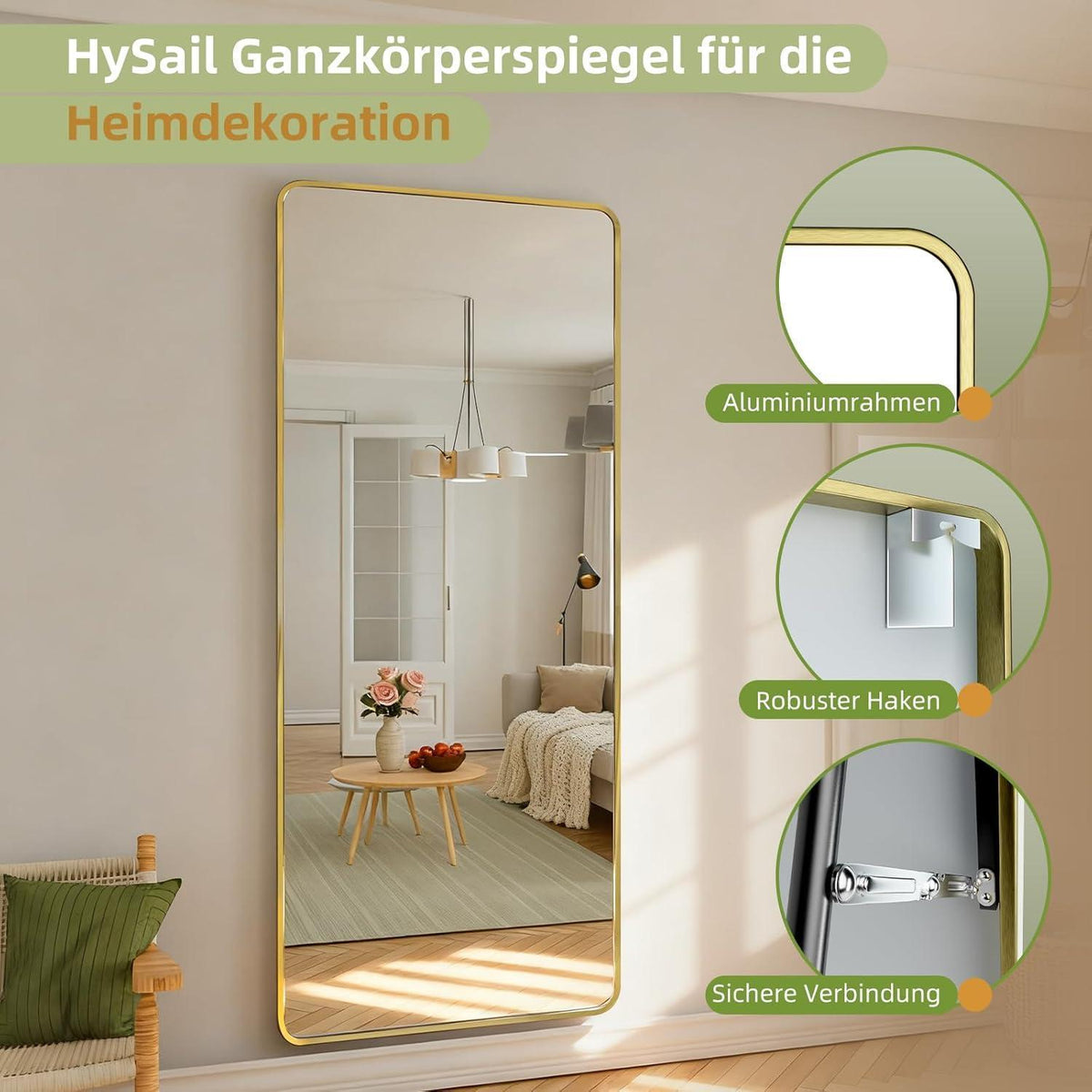 Großer Rechteckiger Standspiegel – HD-Reflexion, Gold 180x75cm