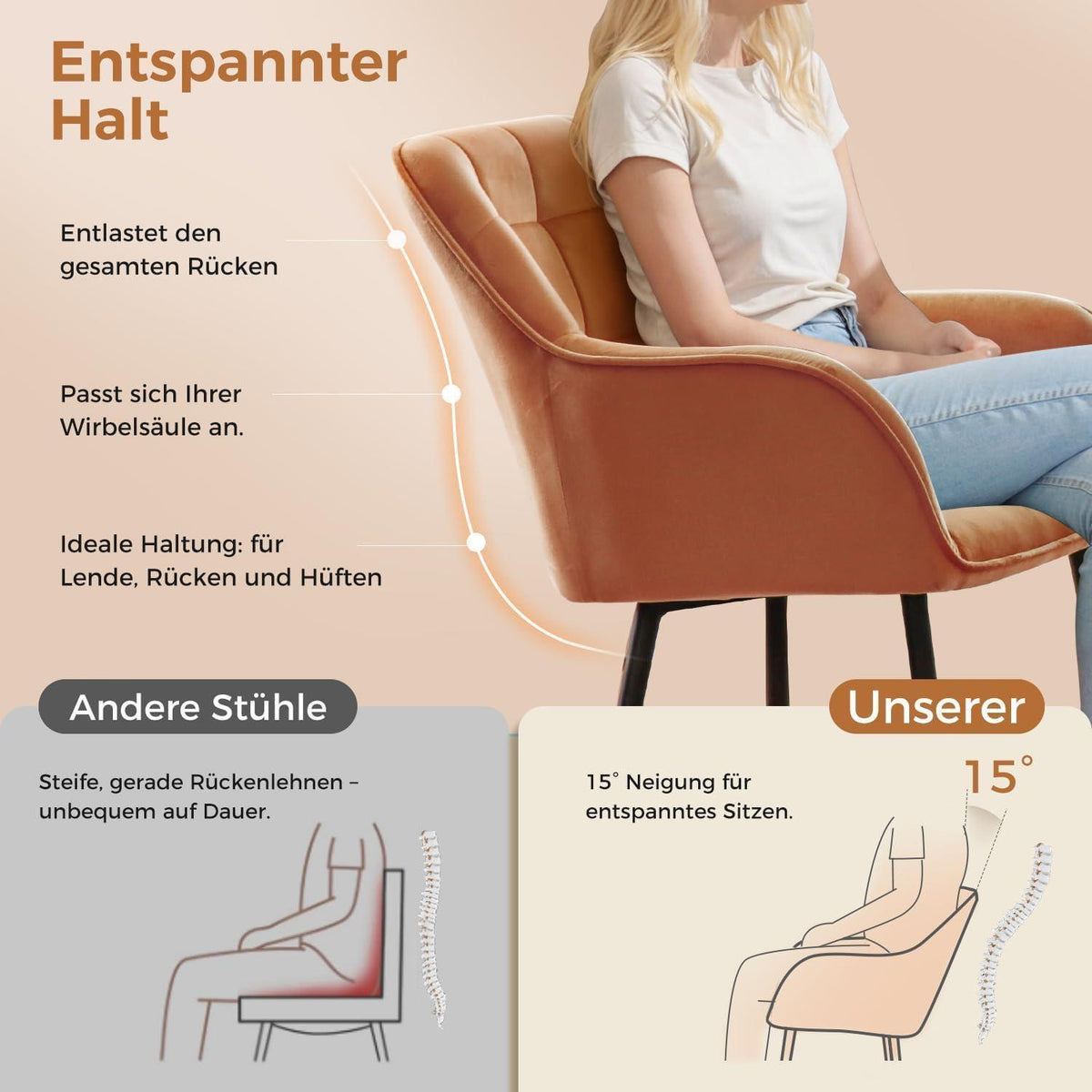Samt Esszimmerstühle 4er Set mit Armlehnen, Orange