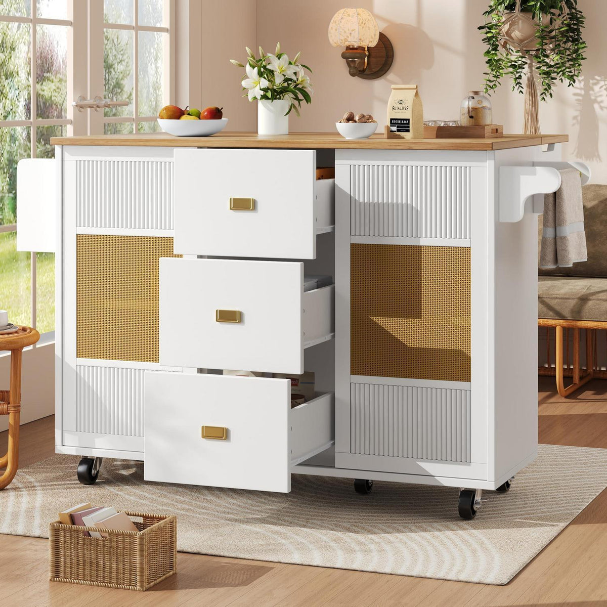 Bewegliche Kücheninsel mit Klapptisch & Stauraum – Weiß