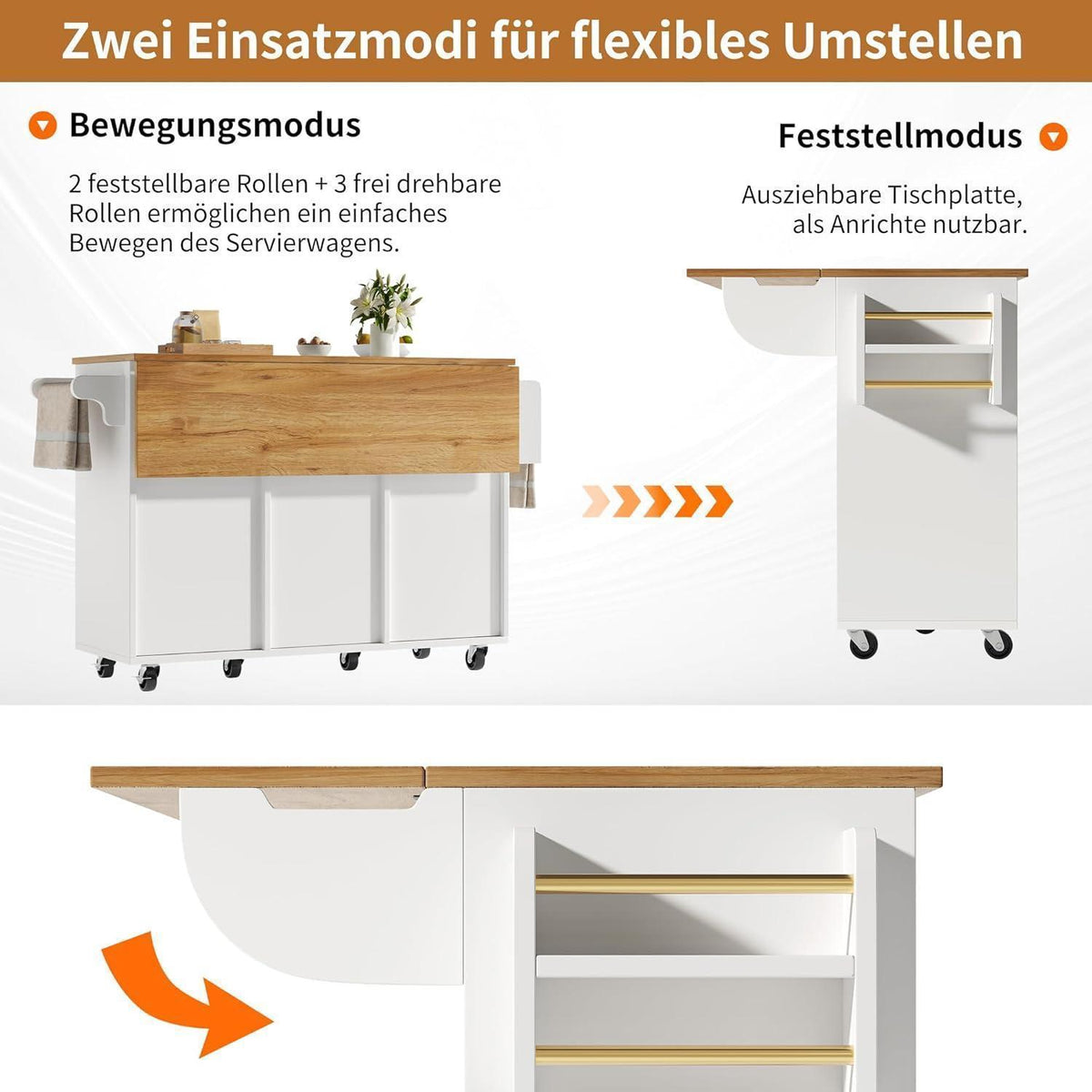 Bewegliche Kücheninsel mit Klapptisch & Stauraum – Weiß