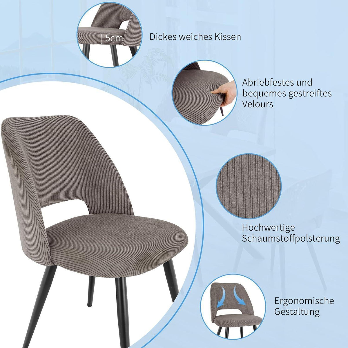Esszimmerstühle 6er Set, Samt, Braun – Modern & Komfortabel