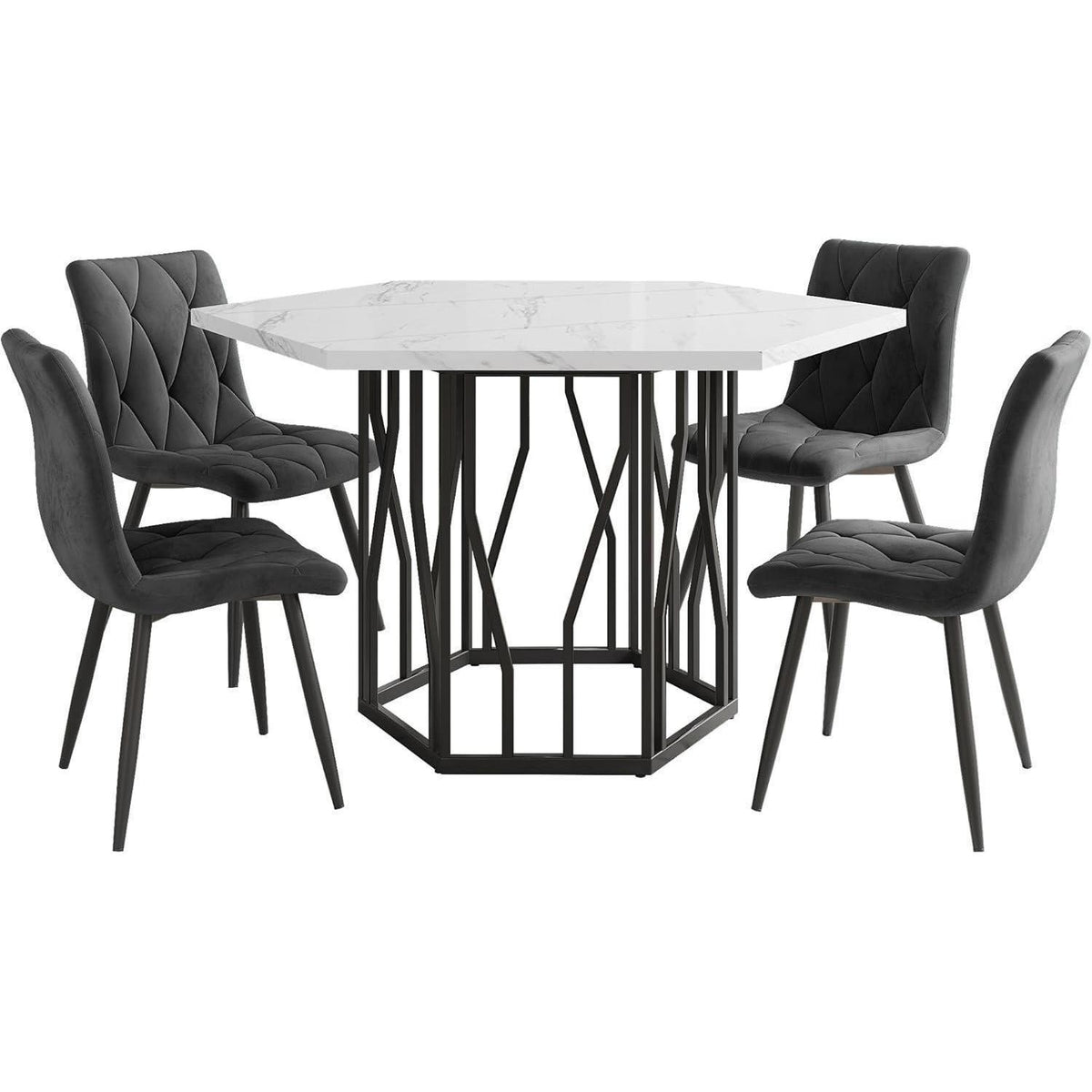 Moderner Esstisch Set (5-teilig) – Marmor & Samt Stühle