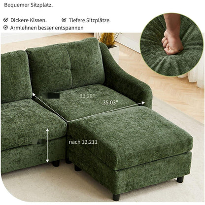 JIEXI Ecksofa mit Schlaffunktion – Dunkelgrün, 4 Sitze + 2 Hocker