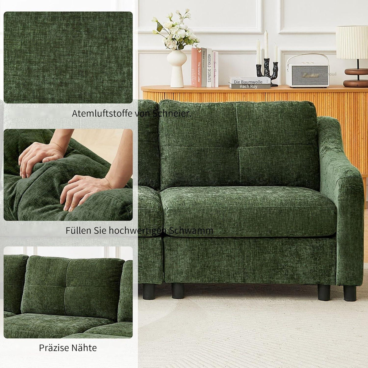 JIEXI Ecksofa mit Schlaffunktion – Dunkelgrün, 4 Sitze + 2 Hocker