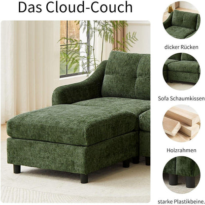 JIEXI Ecksofa mit Schlaffunktion – Dunkelgrün, 4 Sitze + 2 Hocker