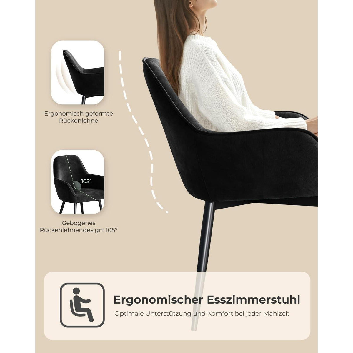 Esszimmerstuhl Set 4er – Bequemer Samt Sessel mit Armlehne Schwarz