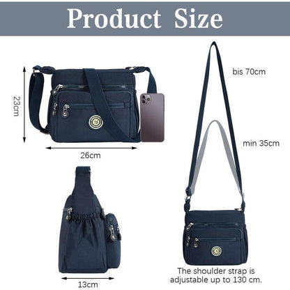 Damen Umhängetasche Nylon mit vielen Taschen, Dunkelblau